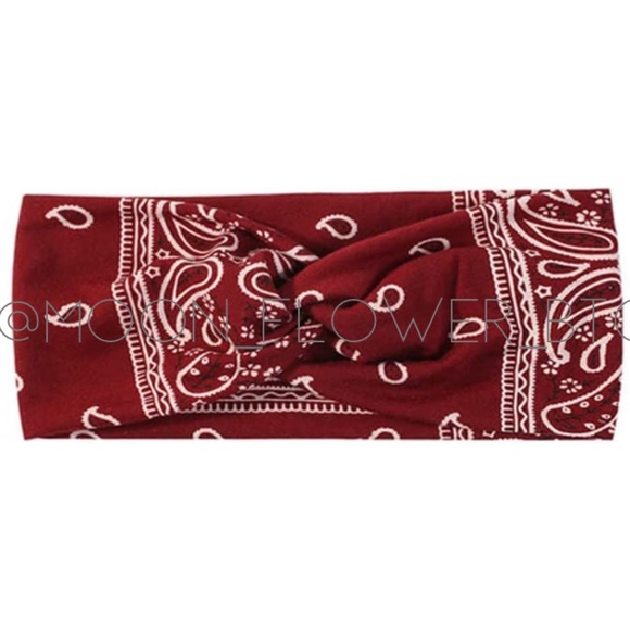 Burgundy Bandana Print Headband | Twist Knot Wide Hair Wrap - Picture 2 of 4